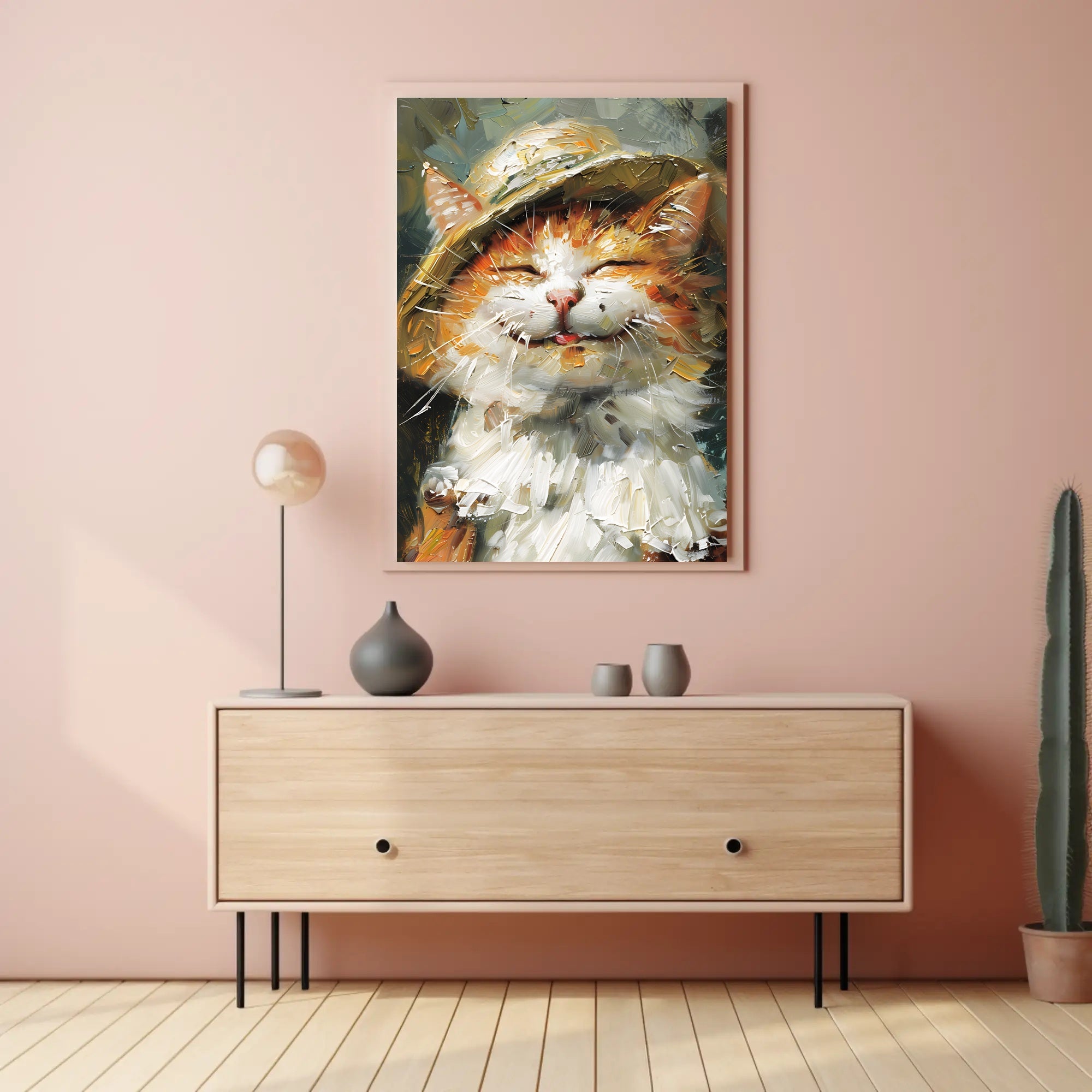 Expressive Cat in Hat Artistic Animal Poster PosterGoat
