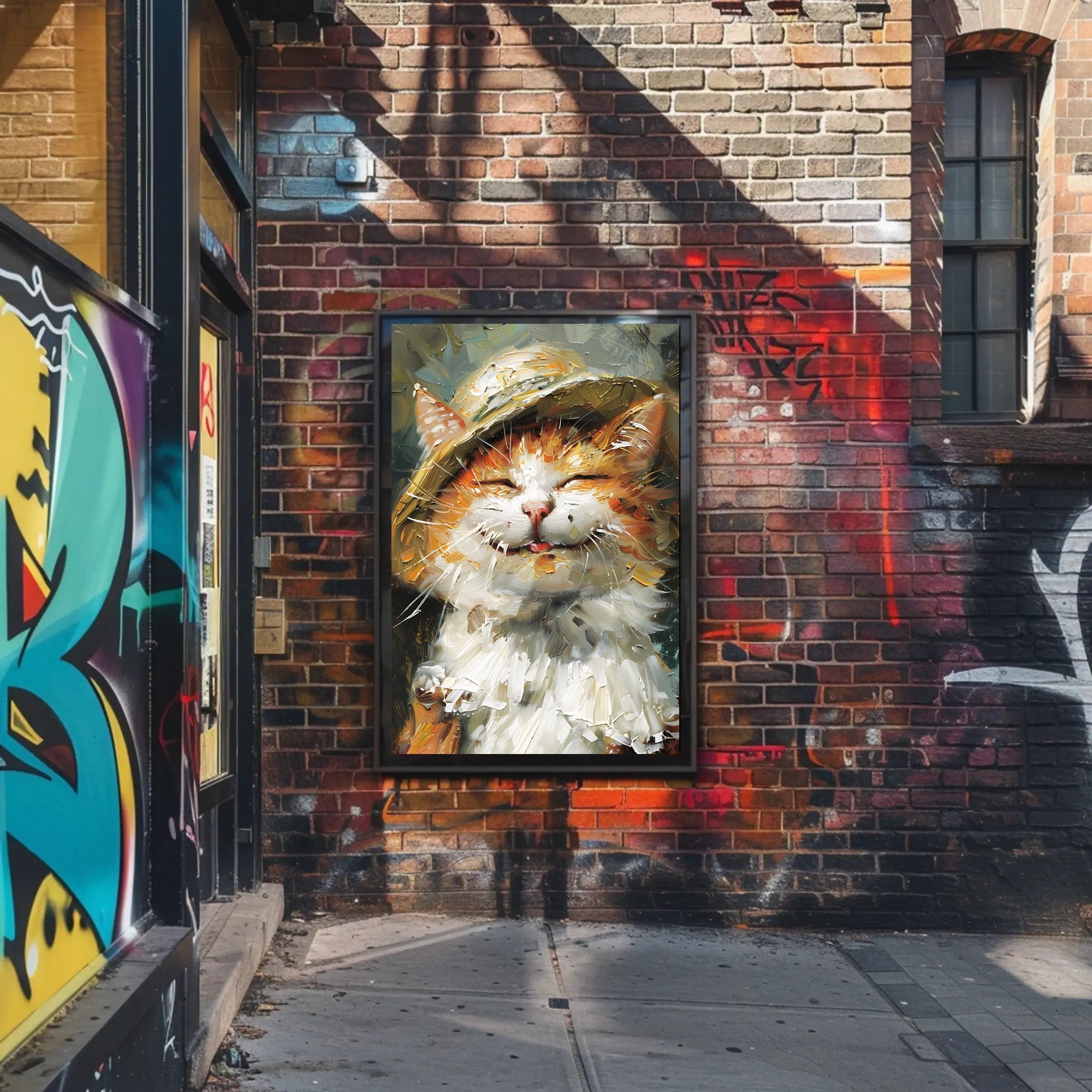 Expressive Cat in Hat Artistic Animal Poster PosterGoat