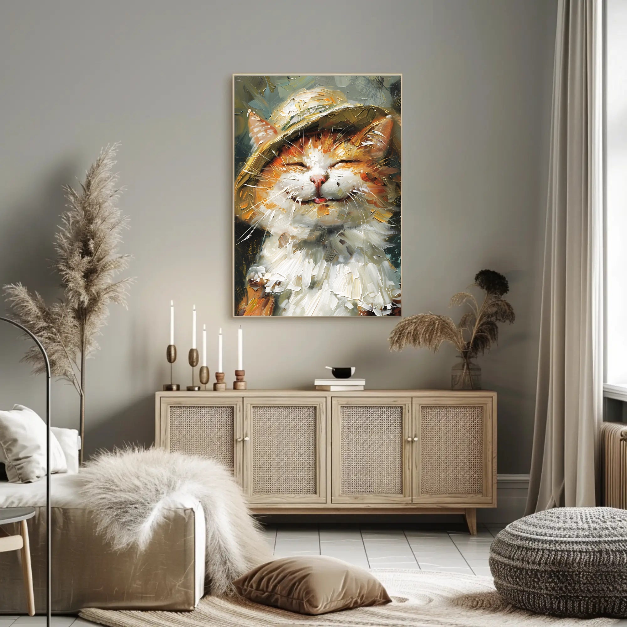 Expressive Cat in Hat Artistic Animal Poster PosterGoat