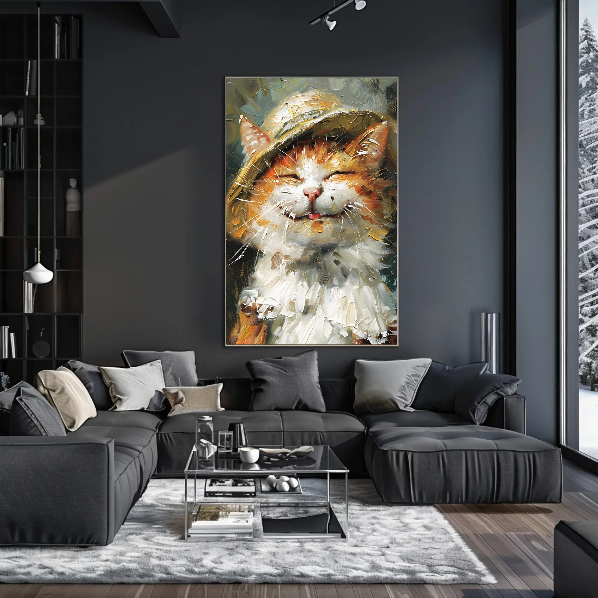 Expressive Cat in Hat Artistic Animal Poster PosterGoat