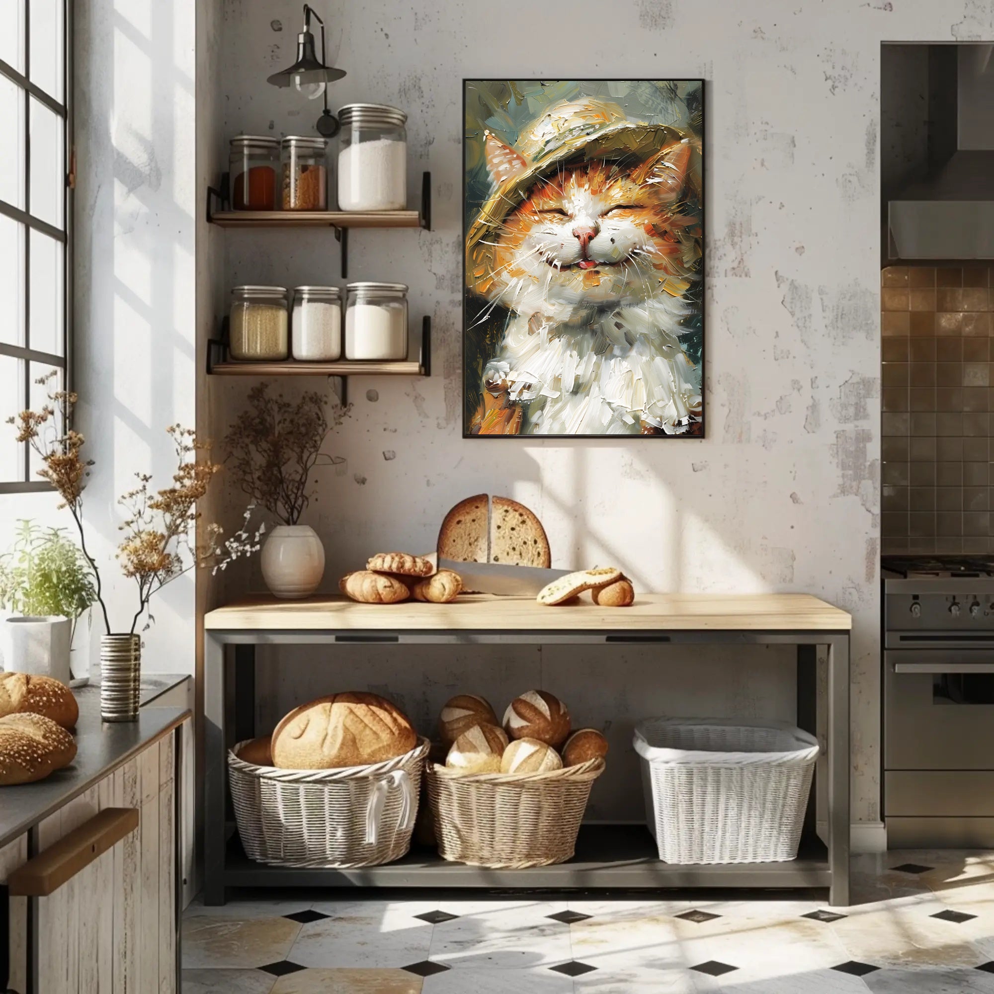 Expressive Cat in Hat Artistic Animal Poster PosterGoat