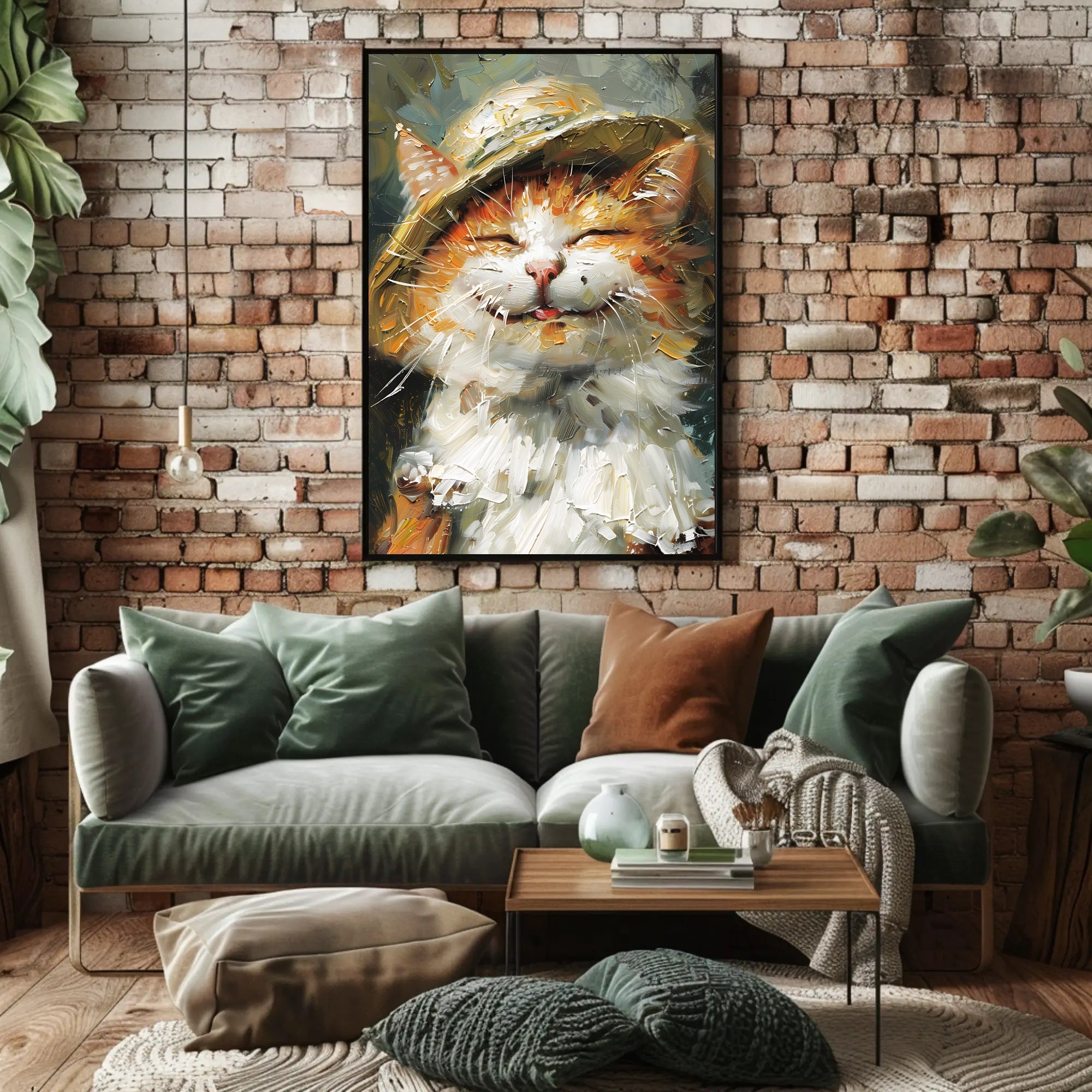 Expressive Cat in Hat Artistic Animal Poster PosterGoat