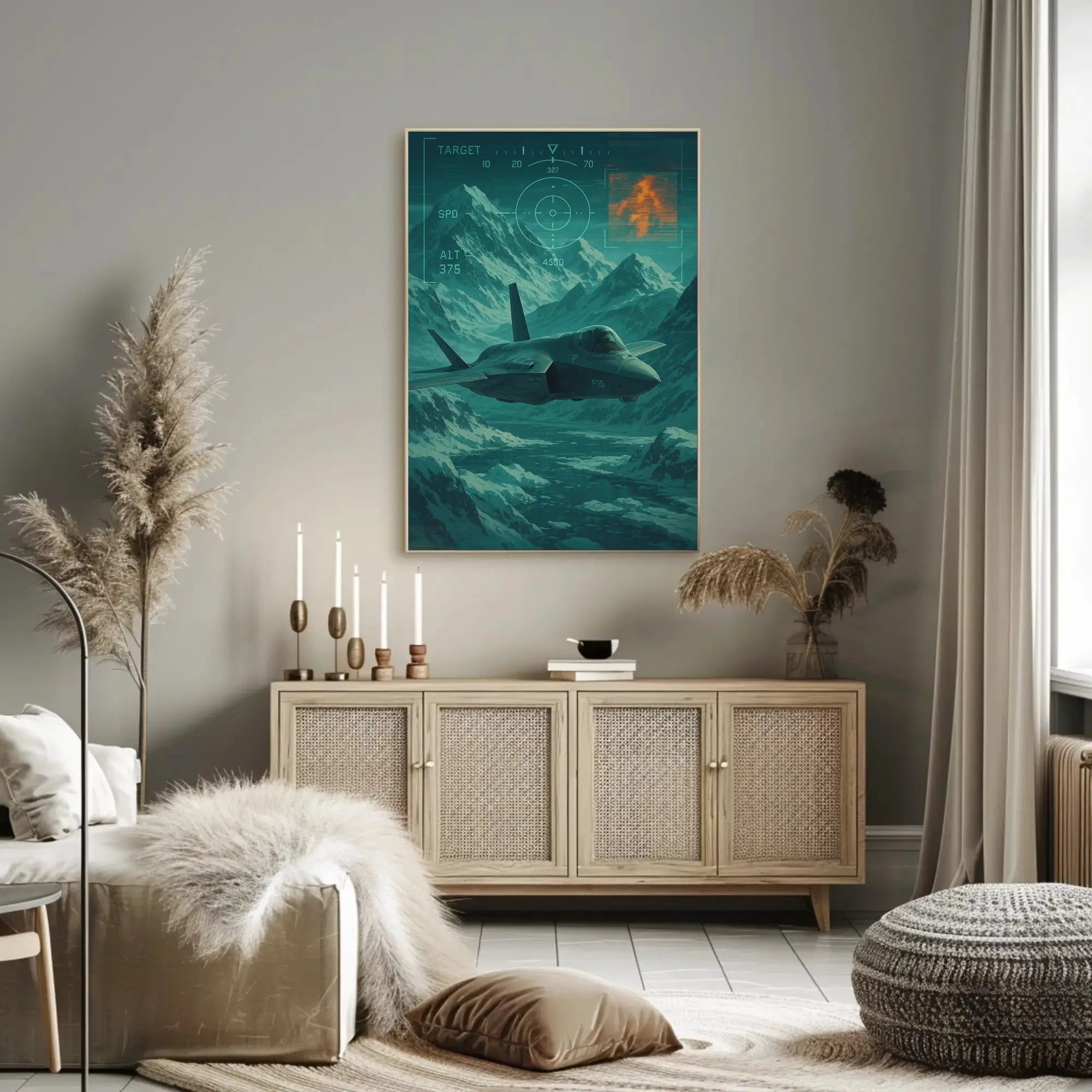 F-35 Fighter Jet Over Snowy Mountains Futuristic Sci-Fi Poster PosterGoat