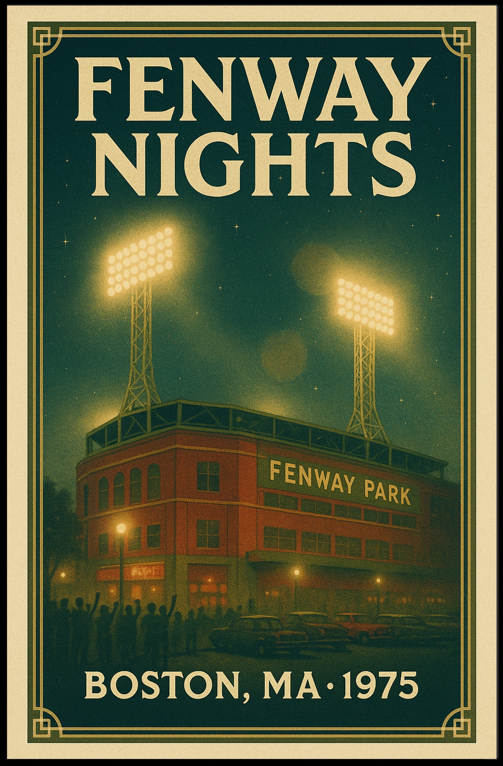 FENWAY NIGHTS Vintage 1975 Fenway Park Illustration Sports Poster PosterGoat