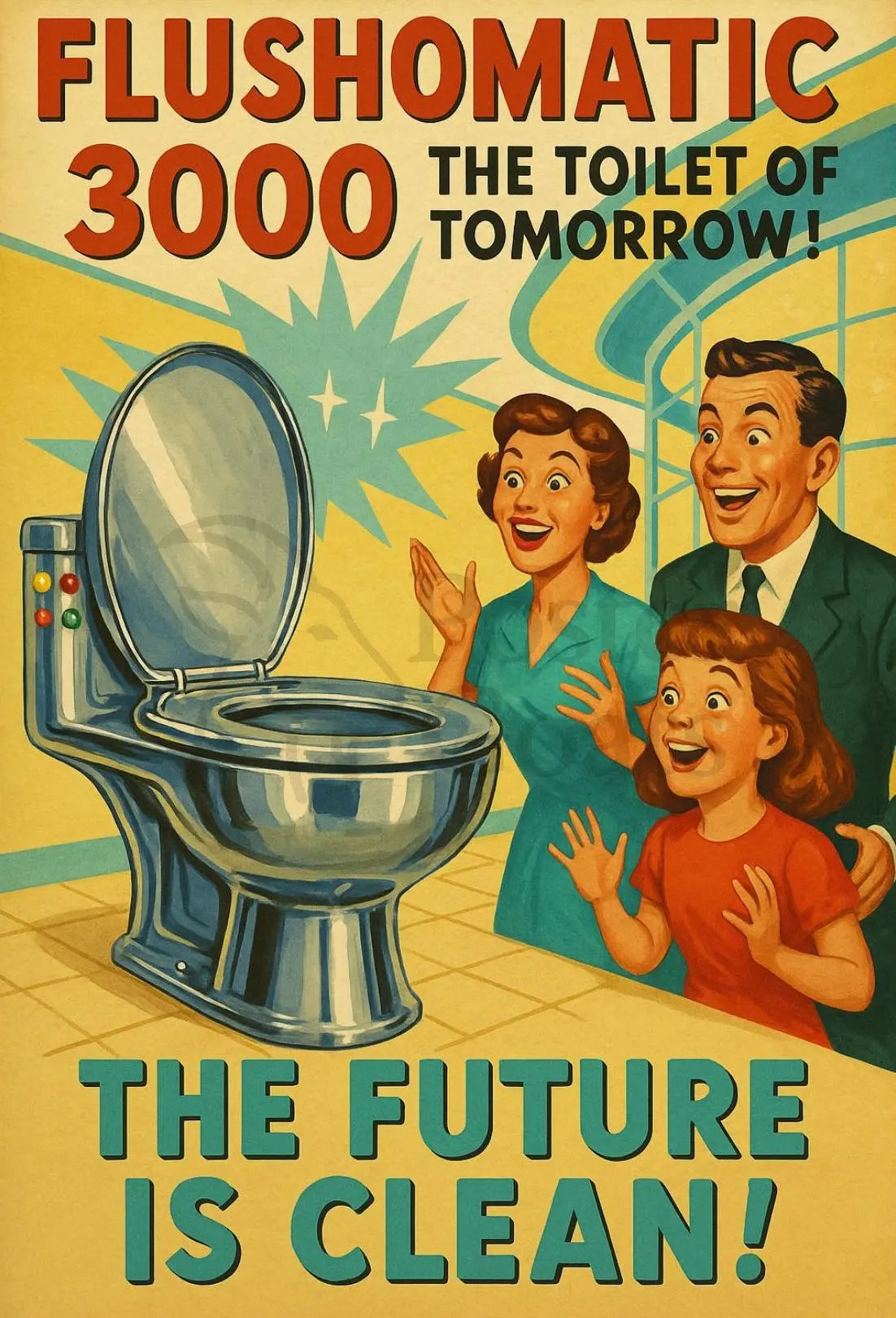 FLUSHOMATIC 3000 Retro-Futurism Futuristic Sci-Fi Poster PosterGoat