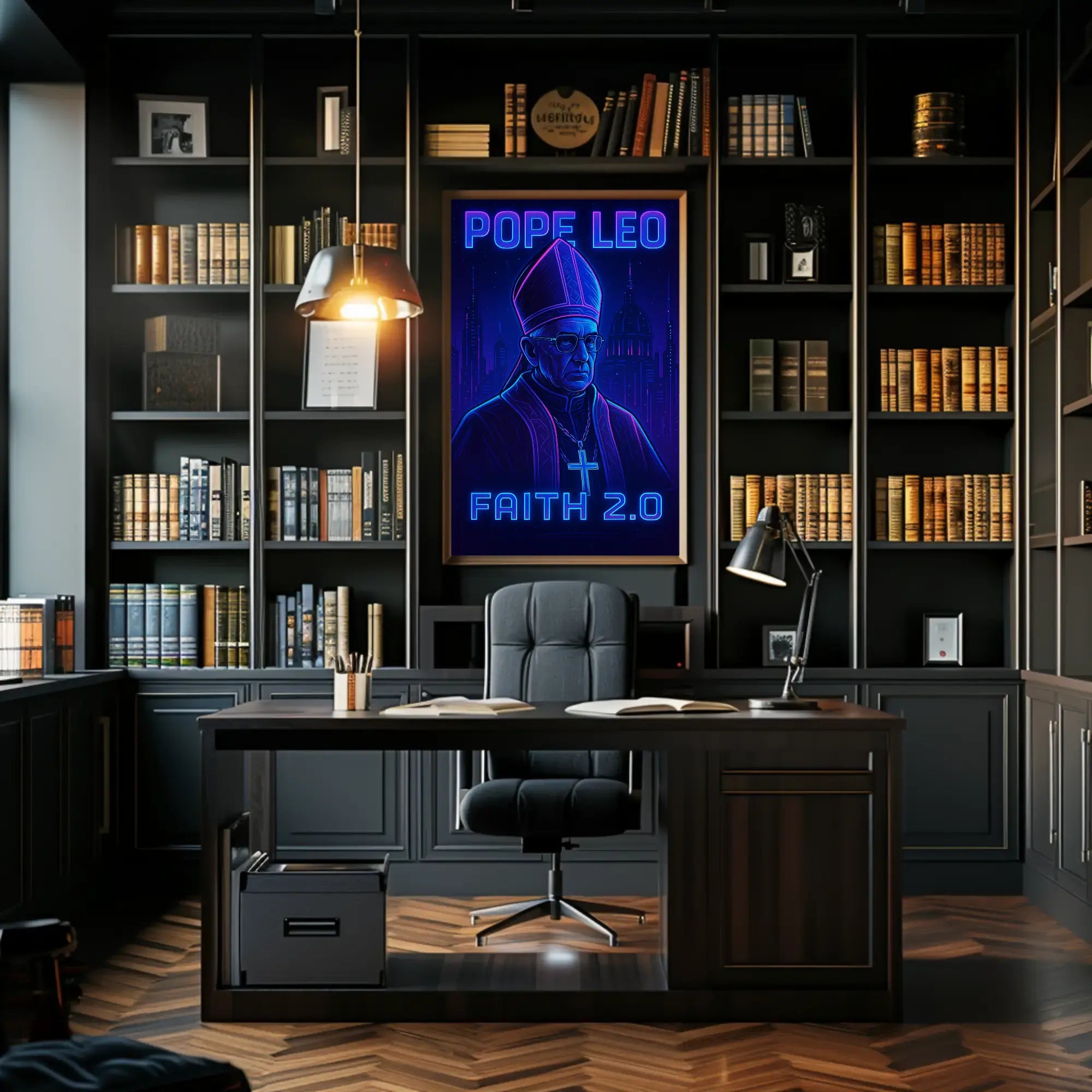 Faith 2.0: Elevate Belief With Cyberpunk Art Poster PosterGoat
