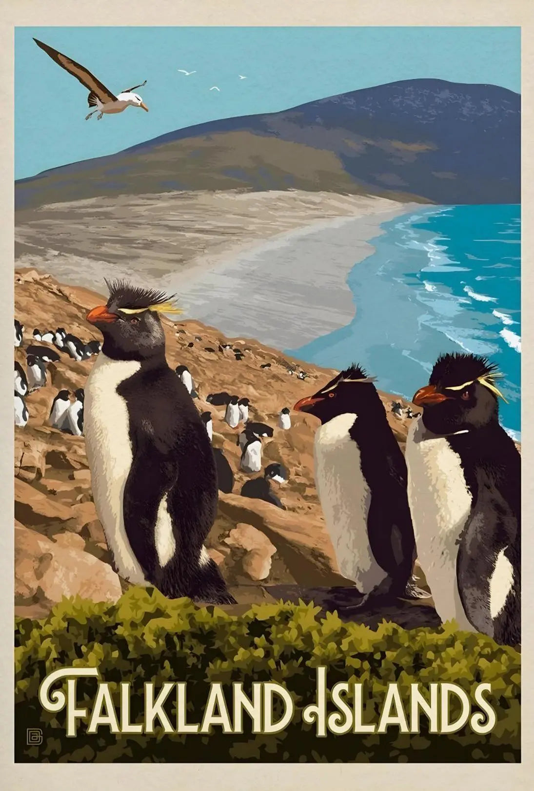 Falkland Islands Penguin Coastal Scene Travel Poster PosterGoat