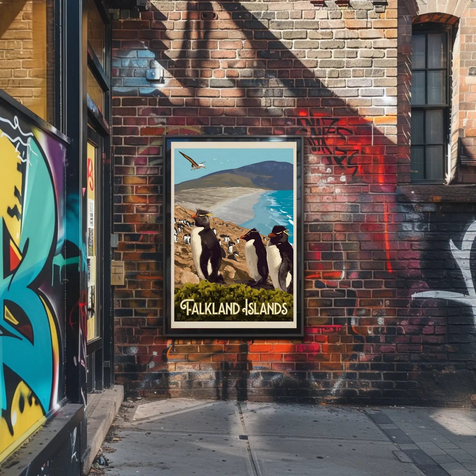 Falkland Islands Penguin Coastal Scene Travel Poster PosterGoat