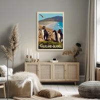 Falkland Islands Penguin Coastal Scene Travel Poster PosterGoat