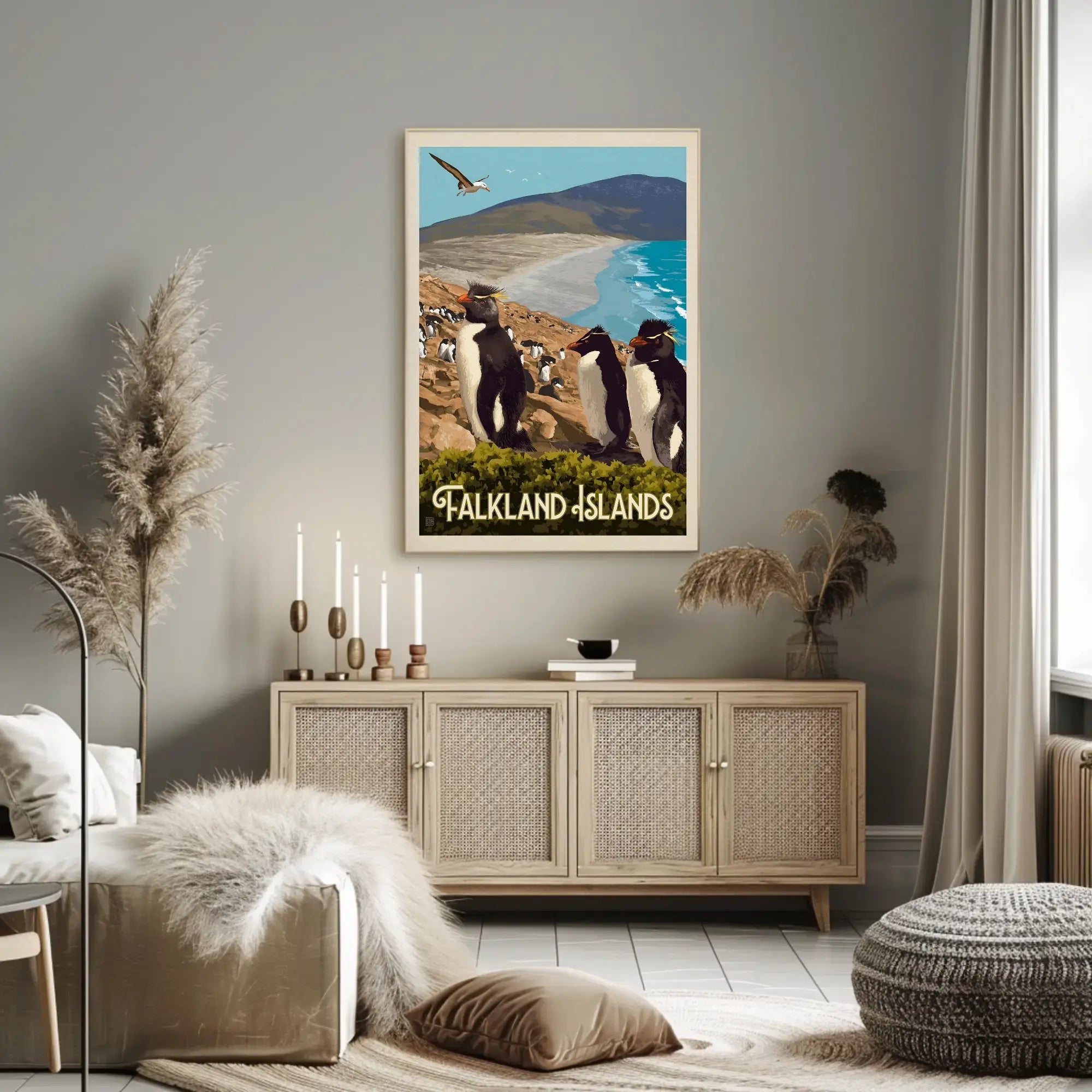 Falkland Islands Penguin Coastal Scene Travel Poster PosterGoat