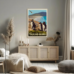 Falkland Islands Penguin Coastal Scene Travel Poster PosterGoat