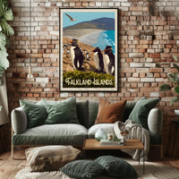 Falkland Islands Penguin Coastal Scene Travel Poster PosterGoat