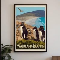 Falkland Islands Penguin Coastal Scene Travel Poster PosterGoat