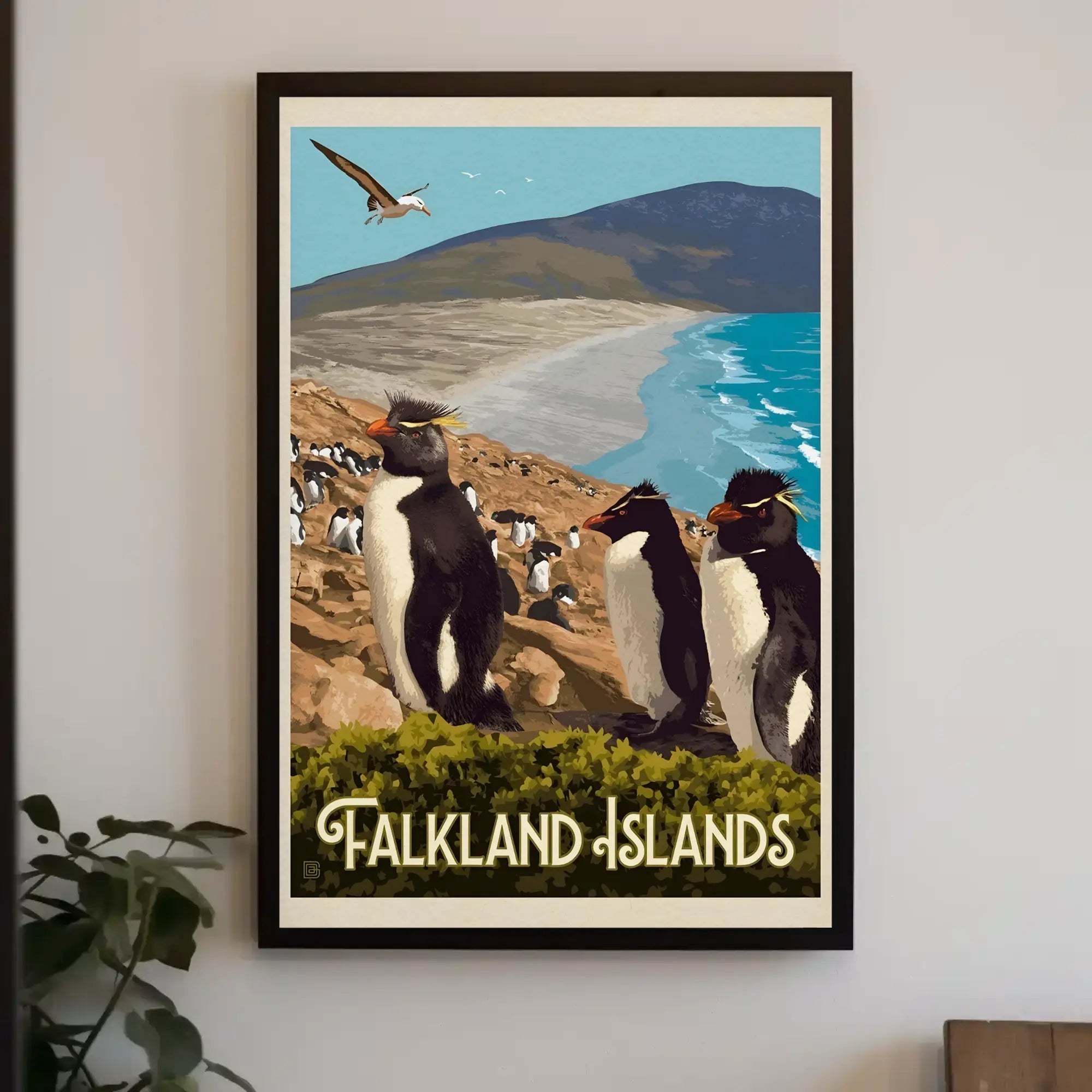 Falkland Islands Penguin Coastal Scene Travel Poster PosterGoat
