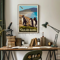 Falkland Islands Penguin Coastal Scene Travel Poster PosterGoat