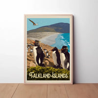 Falkland Islands Penguin Coastal Scene Travel Poster PosterGoat