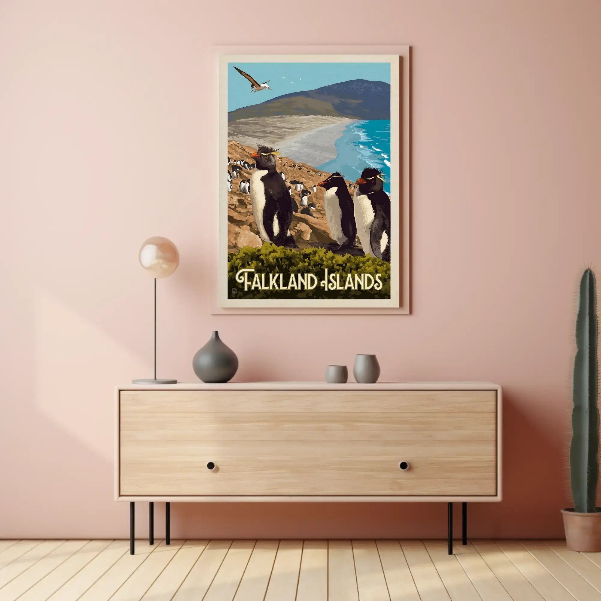 Falkland Islands Penguin Coastal Scene Travel Poster PosterGoat