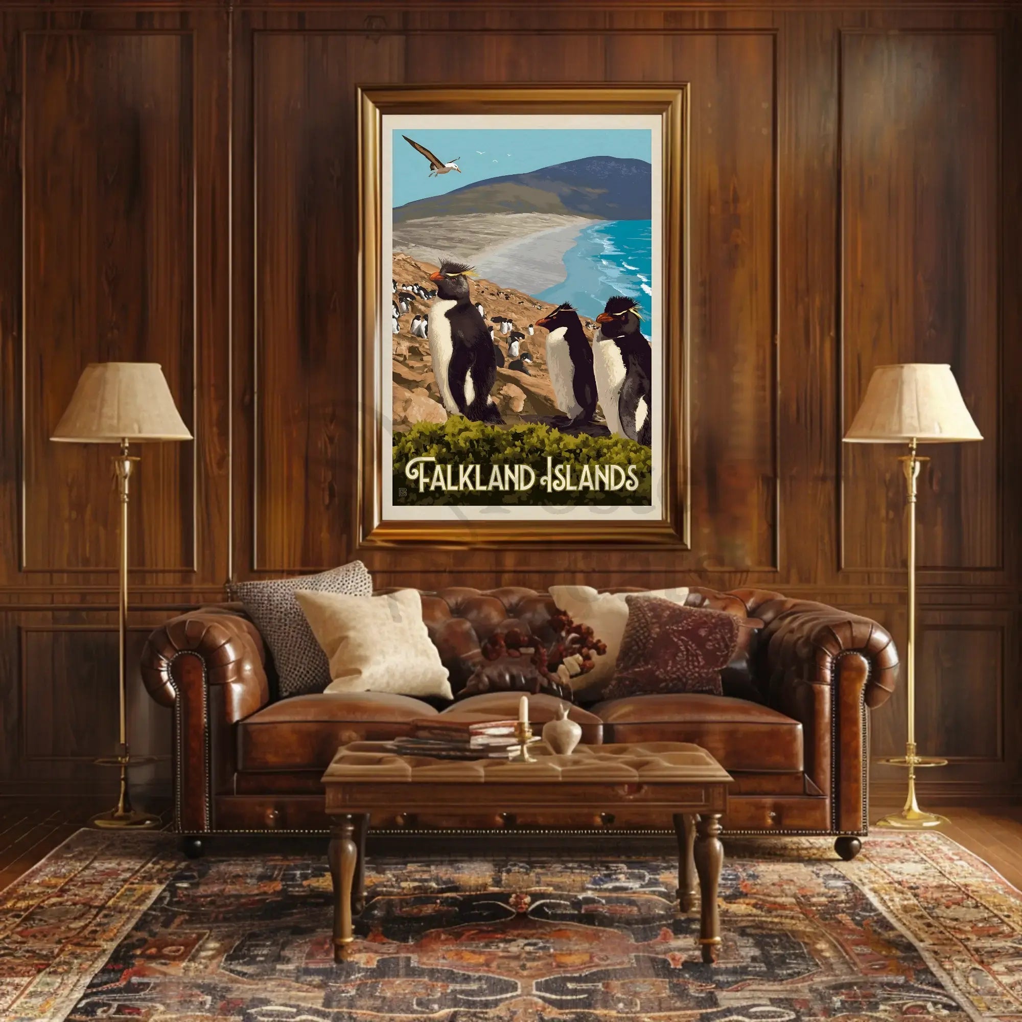 Falkland Islands Penguin Coastal Scene Travel Poster PosterGoat