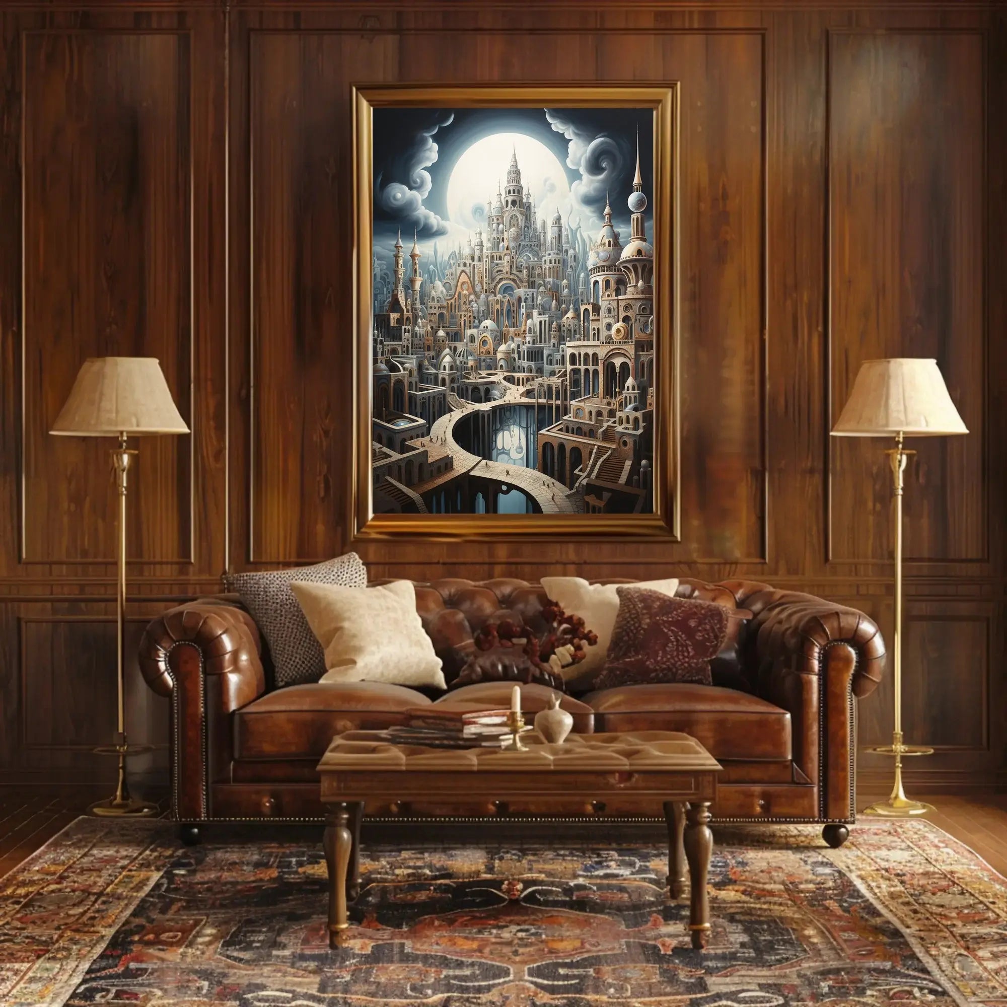 Fantastical Cityscape with Surreal Architecture Artistic Poster PosterGoat