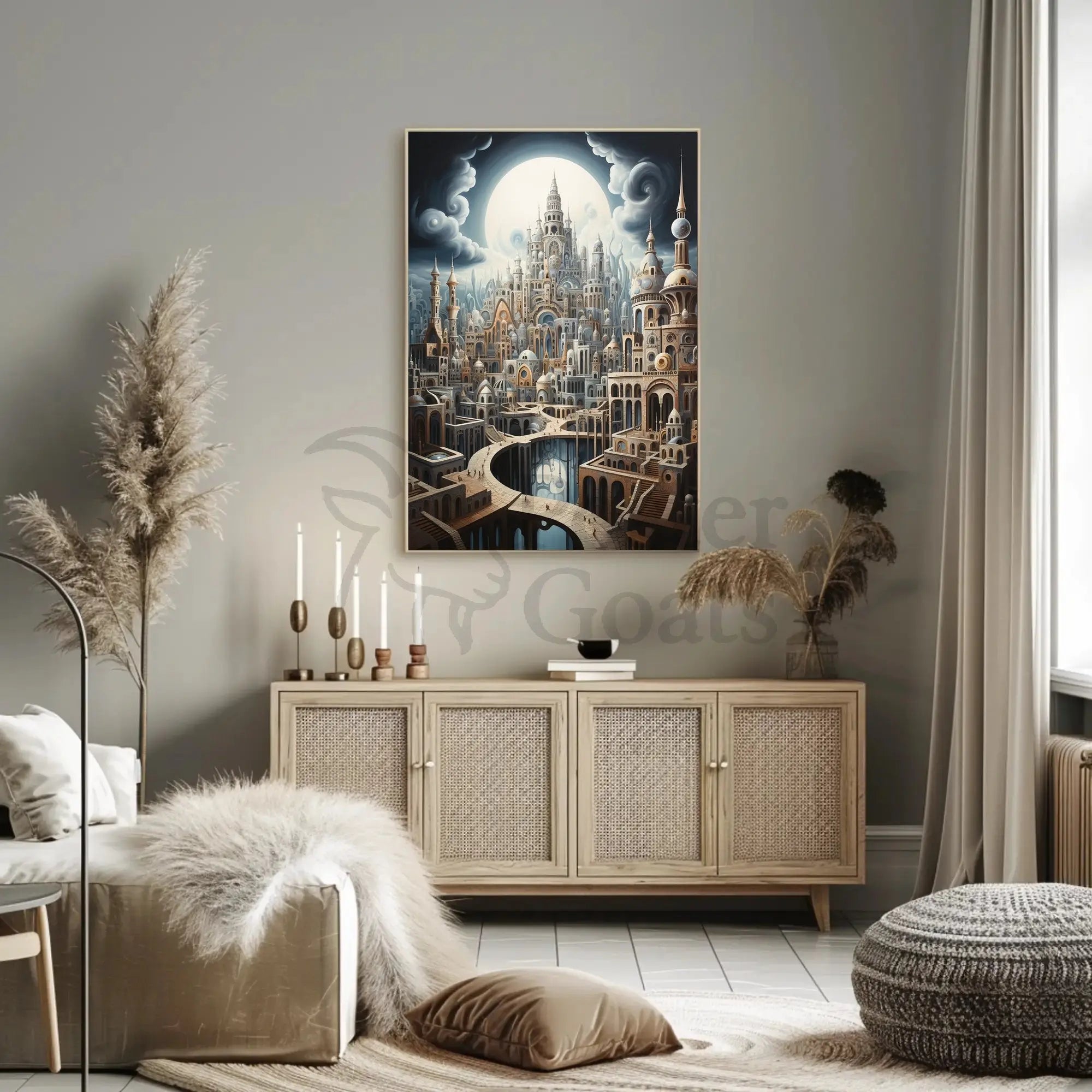 Fantastical Cityscape with Surreal Architecture Artistic Poster PosterGoat
