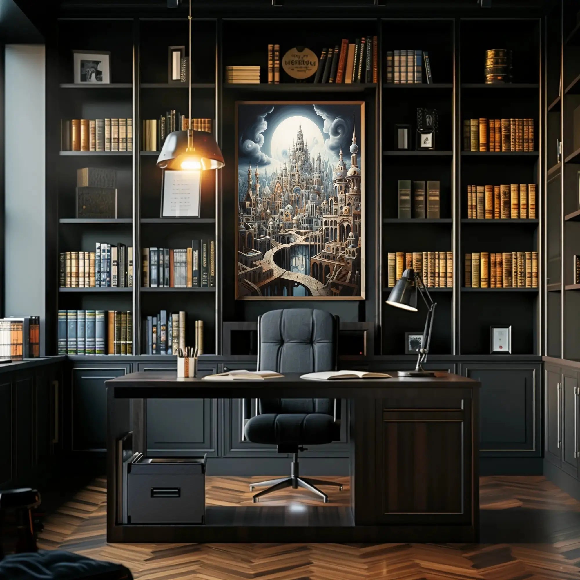 Fantastical Cityscape with Surreal Architecture Artistic Poster PosterGoat