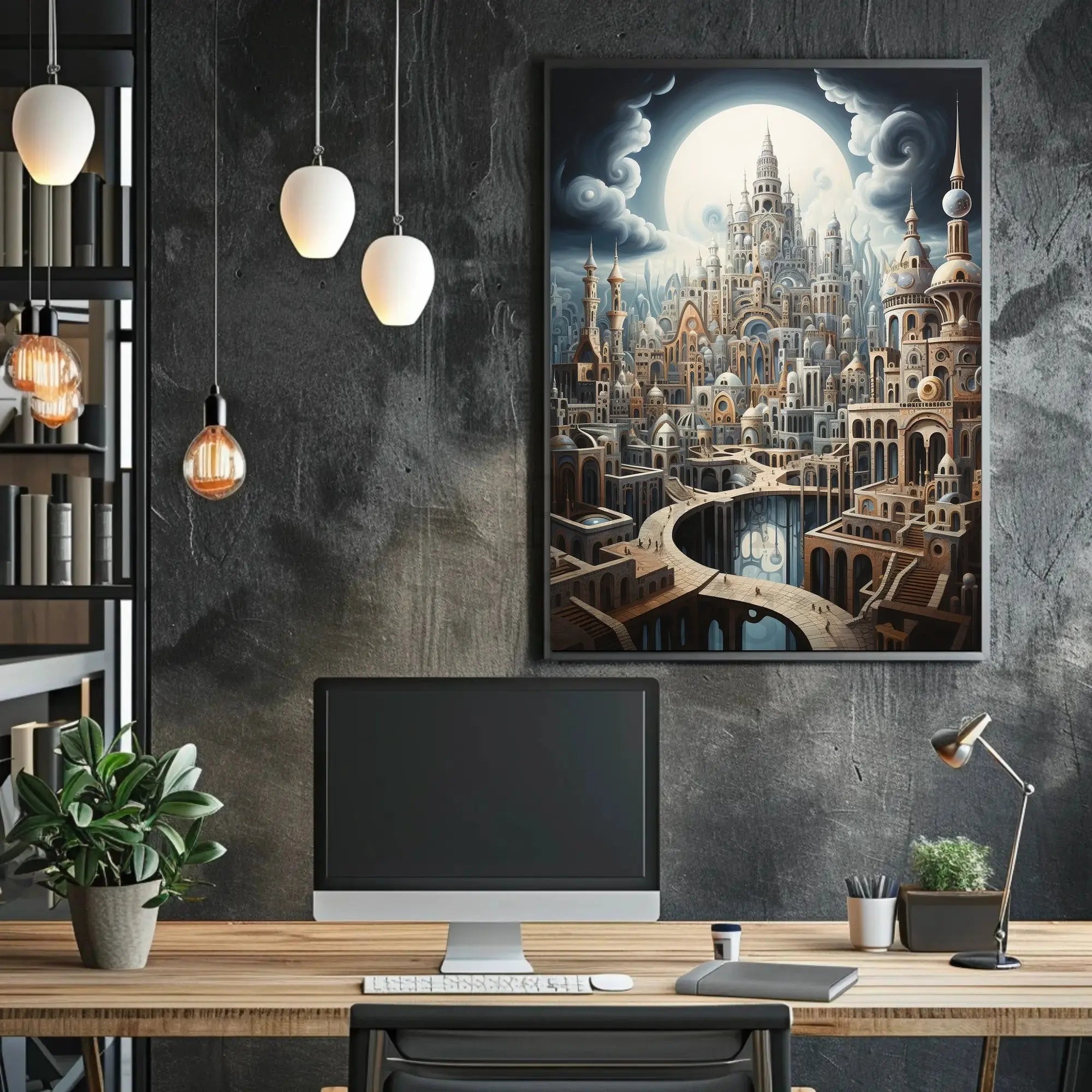 Fantastical Cityscape with Surreal Architecture Artistic Poster PosterGoat