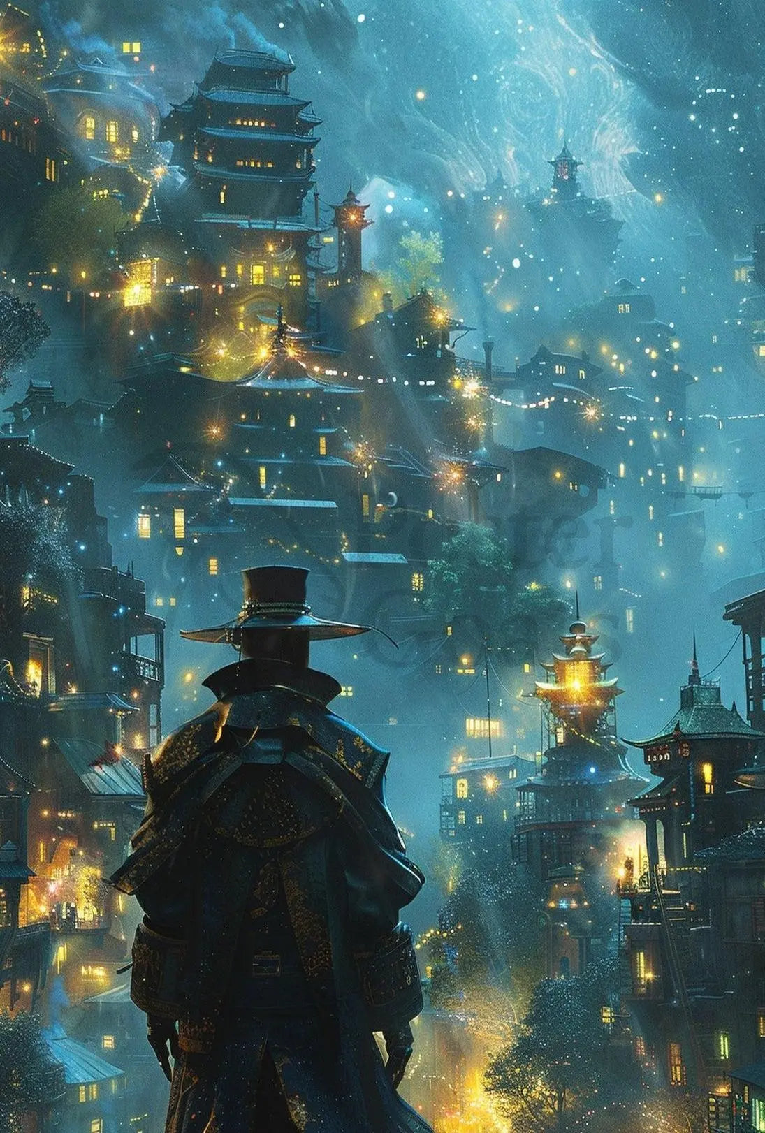 Fantastical Eastern Cityscape Adventure Futuristic Sci-Fi Poster PosterGoat
