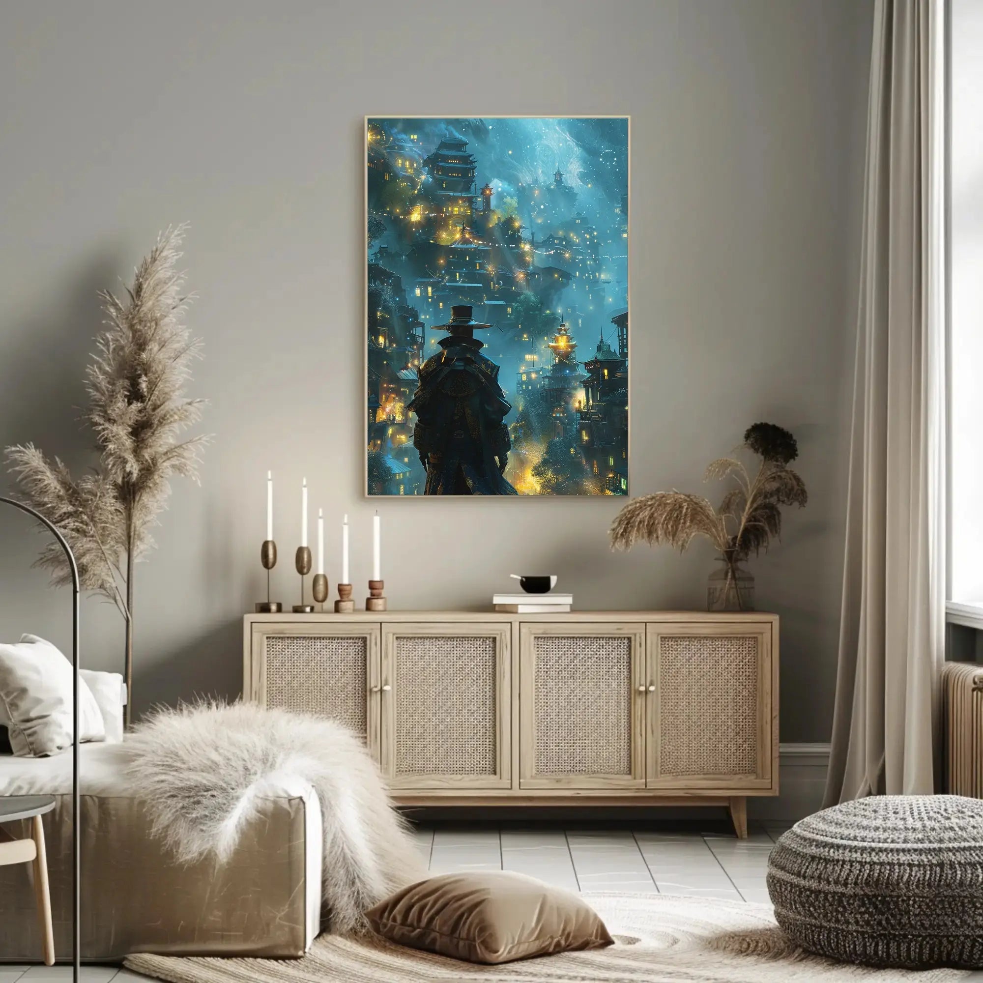 Fantastical Eastern Cityscape Adventure Futuristic Sci-Fi Poster PosterGoat