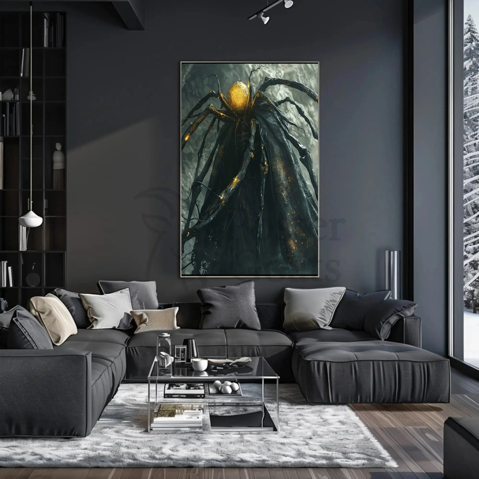 Fantastical Mystical Creature in Darkened Cave Futuristic Sci-Fi Poster PosterGoat