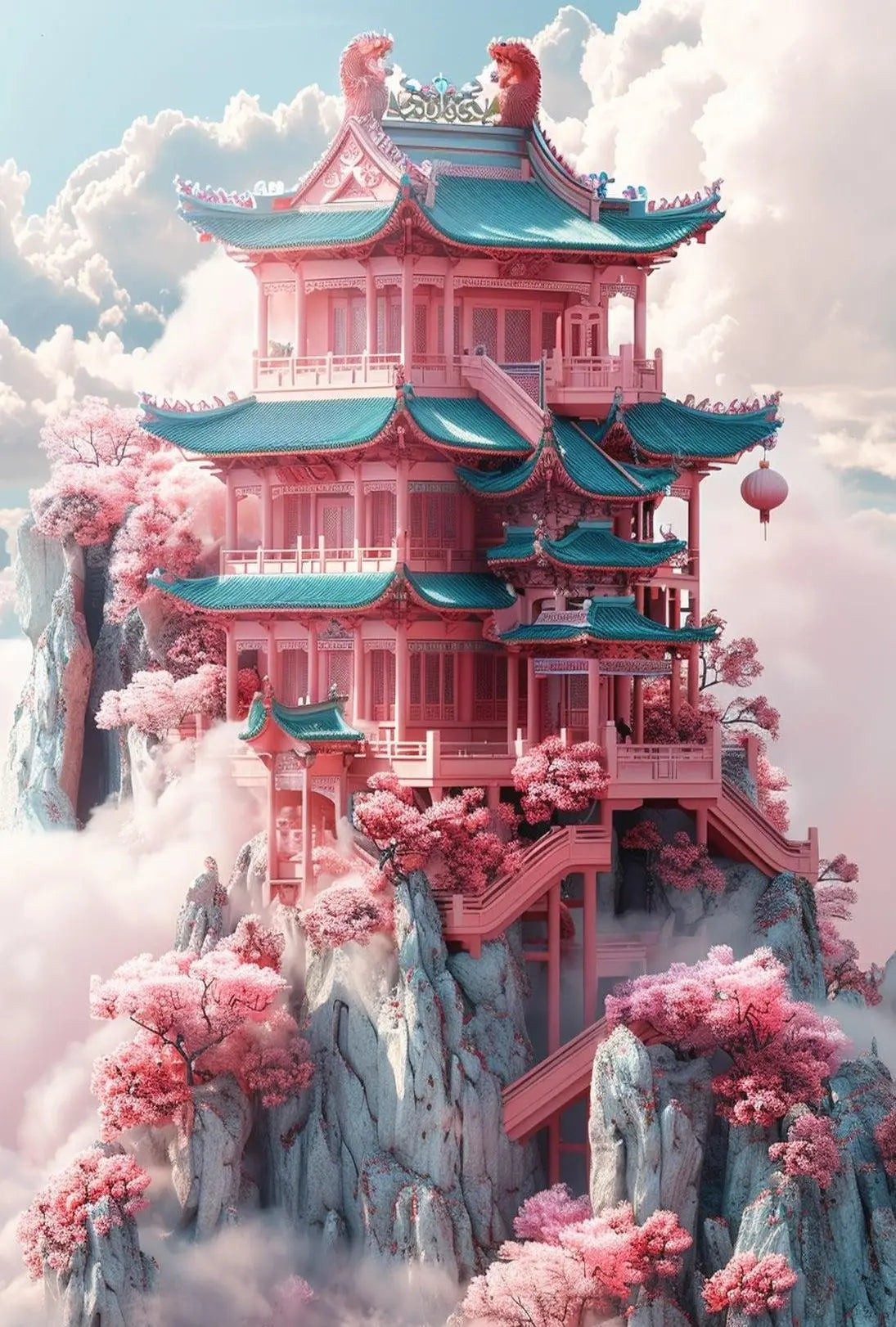 Fantastical Pagoda Cliffs Art Deco Poster PosterGoat