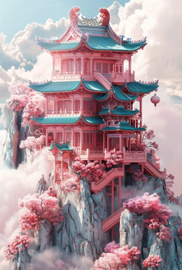 Fantastical Pagoda Cliffs Art Deco Poster PosterGoat
