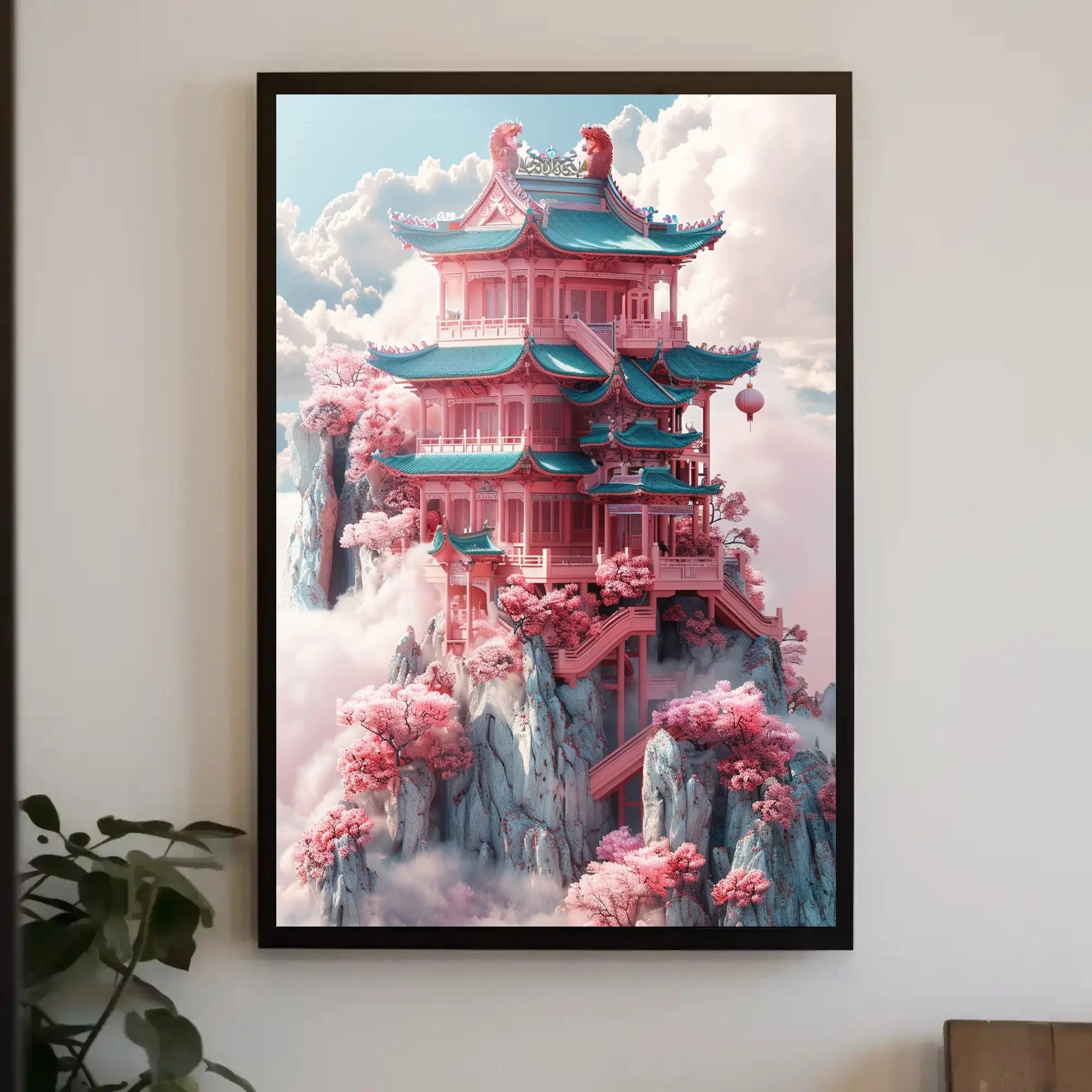 Fantastical Pagoda Cliffs Art Deco Poster PosterGoat