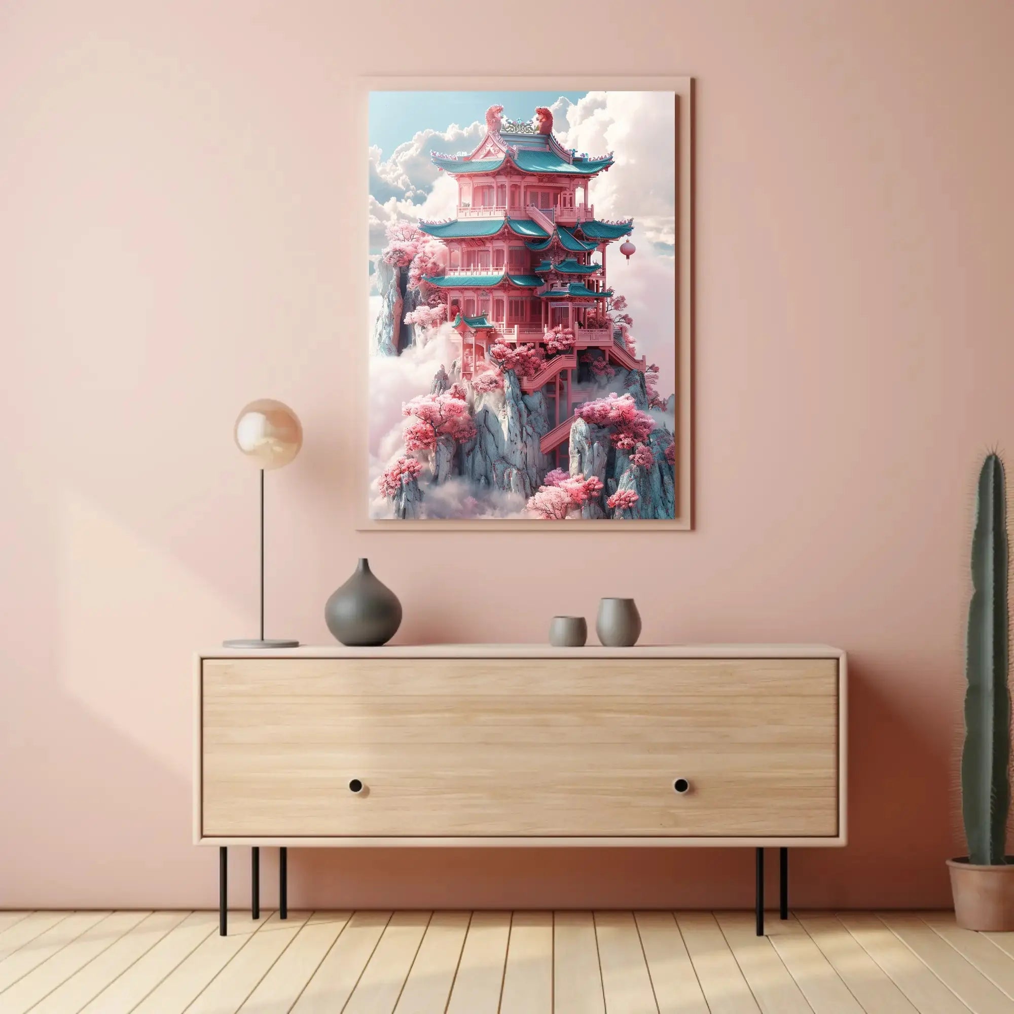 Fantastical Pagoda Cliffs Art Deco Poster PosterGoat