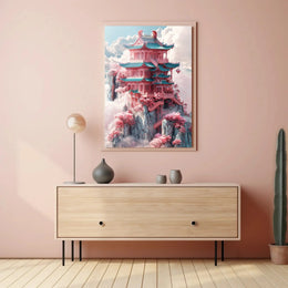 Fantastical Pagoda Cliffs Art Deco Poster PosterGoat
