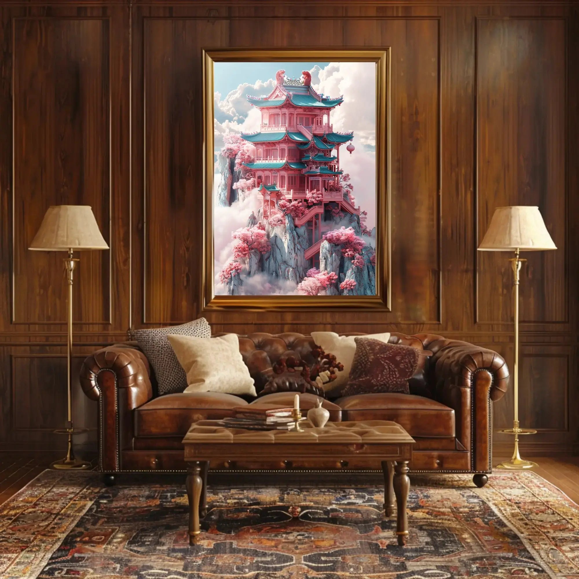 Fantastical Pagoda Cliffs Art Deco Poster PosterGoat