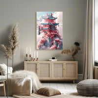 Fantastical Pagoda Cliffs Art Deco Poster PosterGoat