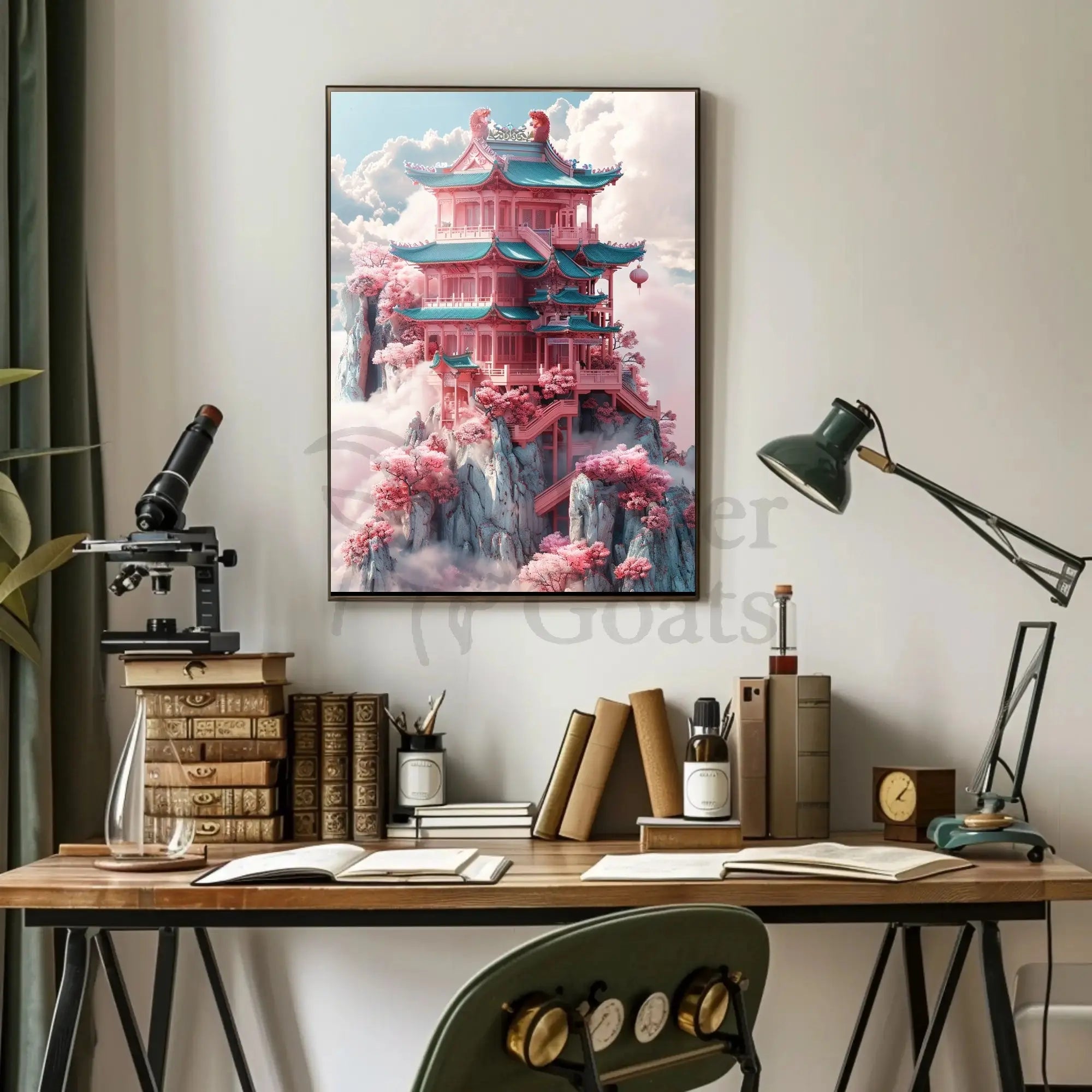 Fantastical Pagoda Cliffs Art Deco Poster PosterGoat