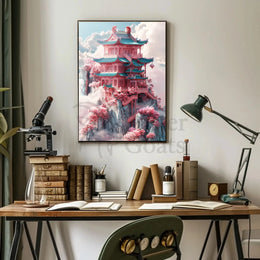 Fantastical Pagoda Cliffs Art Deco Poster PosterGoat