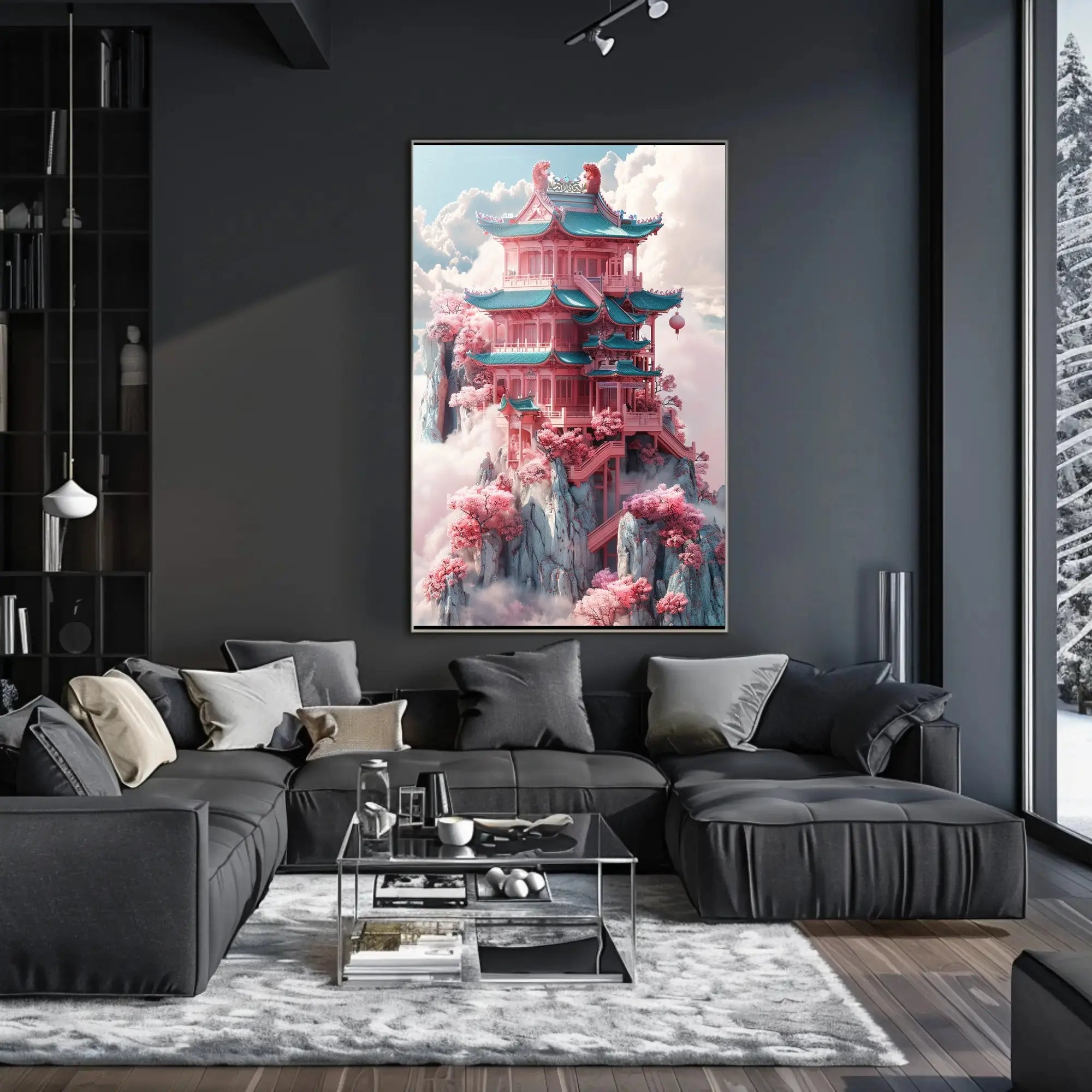 Fantastical Pagoda Cliffs Art Deco Poster PosterGoat