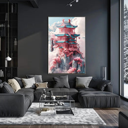 Fantastical Pagoda Cliffs Art Deco Poster PosterGoat