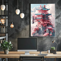 Fantastical Pagoda Cliffs Art Deco Poster PosterGoat