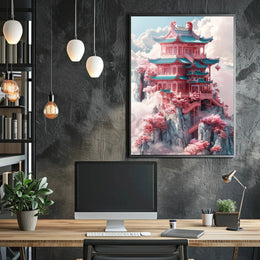 Fantastical Pagoda Cliffs Art Deco Poster PosterGoat