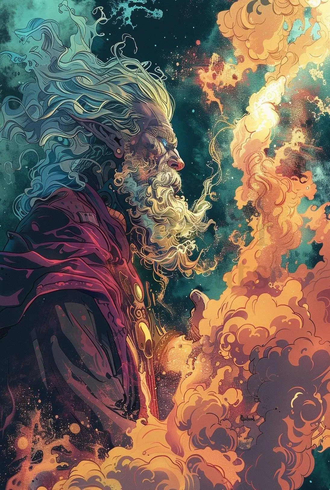 Fantastical Wizard in Mystical Cosmic Setting - Pop Culture Poster PosterGoat