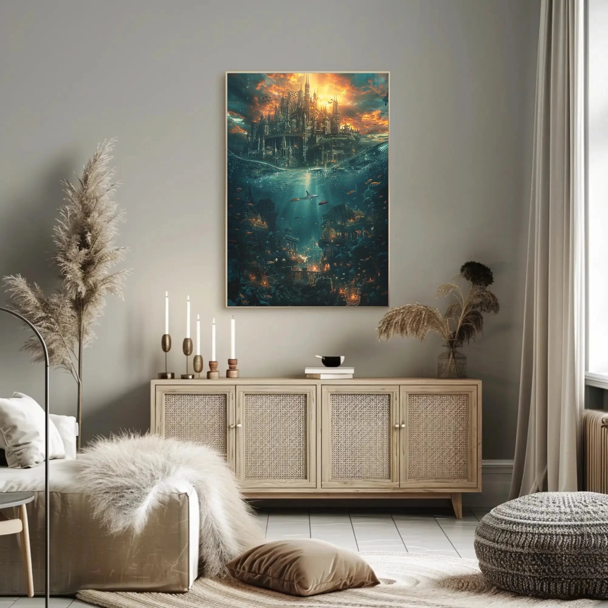 Fantasy Cityscape Adventure: Epic Duality of Worlds Poster PosterGoat