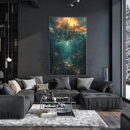 Fantasy Cityscape Adventure: Epic Duality of Worlds Poster PosterGoat