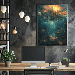 Fantasy Cityscape Adventure: Epic Duality of Worlds Poster PosterGoat