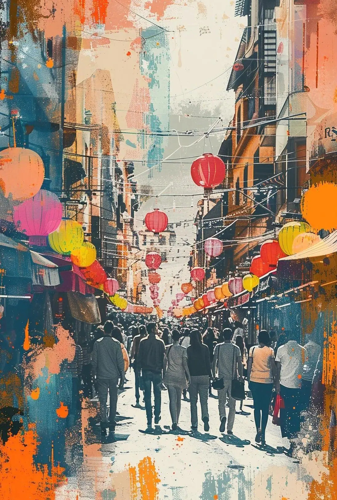 Festive East Asian Street Scene Vibrant Abstract Poster PosterGoat