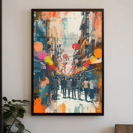 Festive East Asian Street Scene Vibrant Abstract Poster PosterGoat