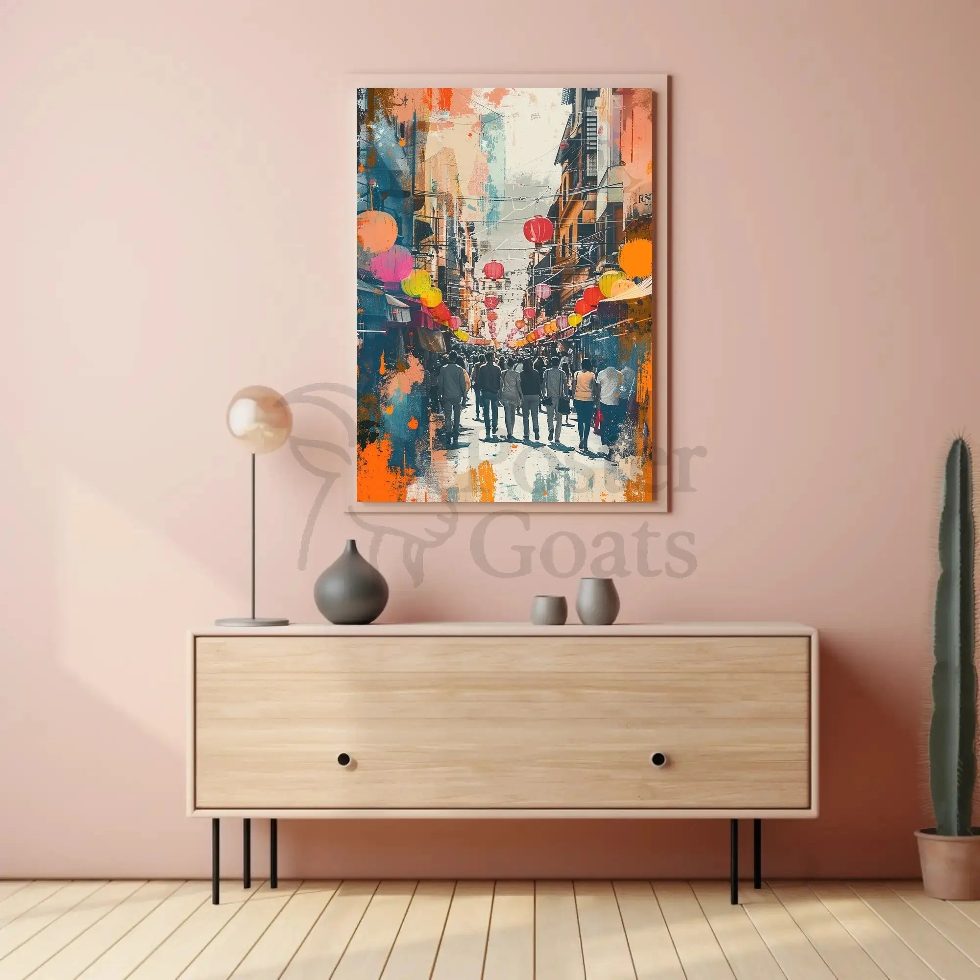 Festive East Asian Street Scene Vibrant Abstract Poster PosterGoat
