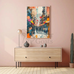 Festive East Asian Street Scene Vibrant Abstract Poster PosterGoat